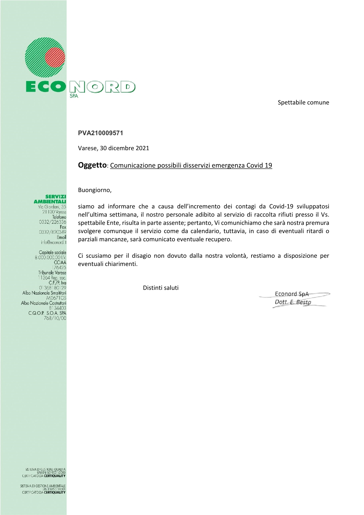 PVA210009571 Comunicazione possibili disagi Covid 191
